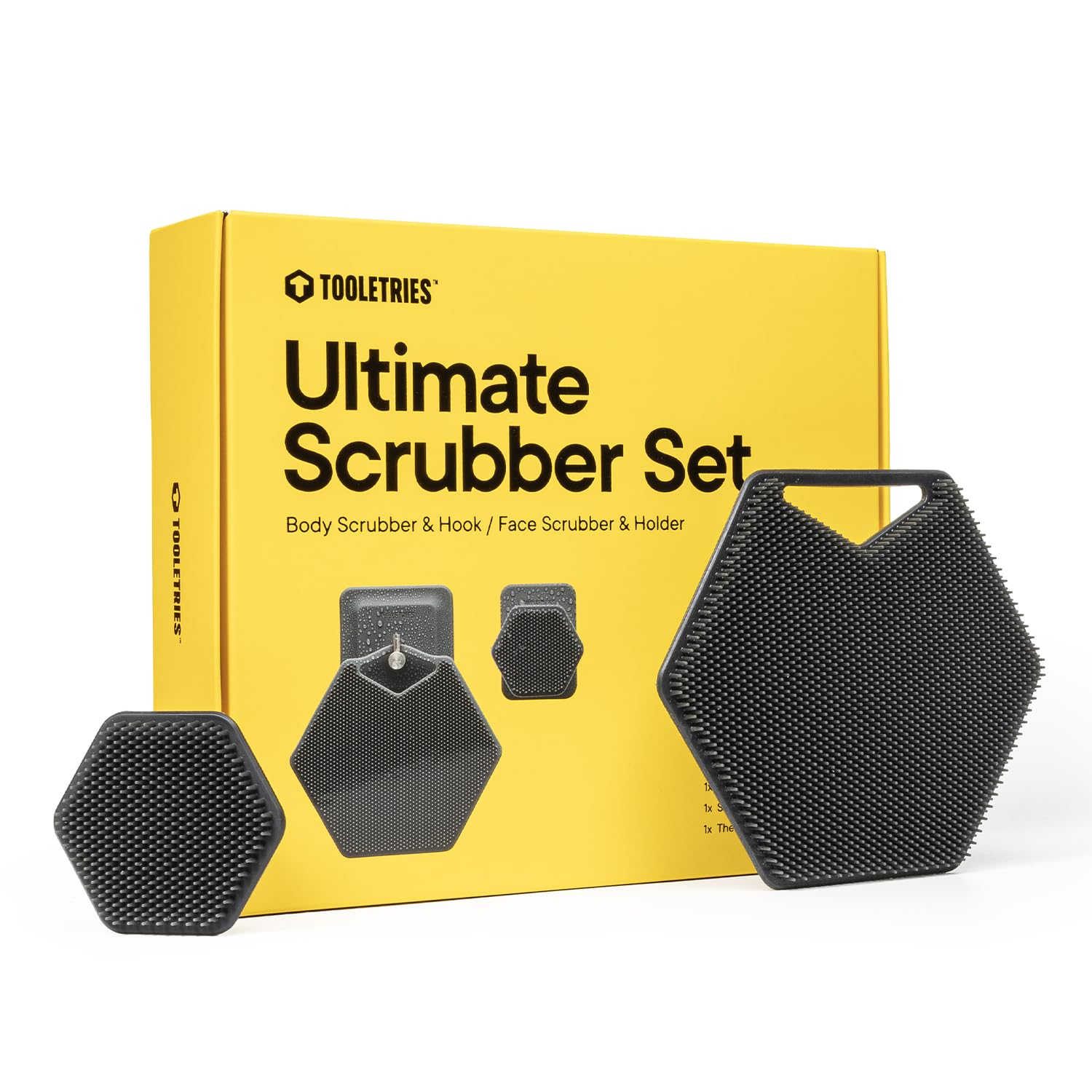 Tooletries - The Ultimate Scrubber Set - with 2X Scrubbers & Holders - Silicone Toiletry Organizer, Shower & Bathroom Accessory - Features Silicone-Grip Technology, Removable & Reusable - Charcoal